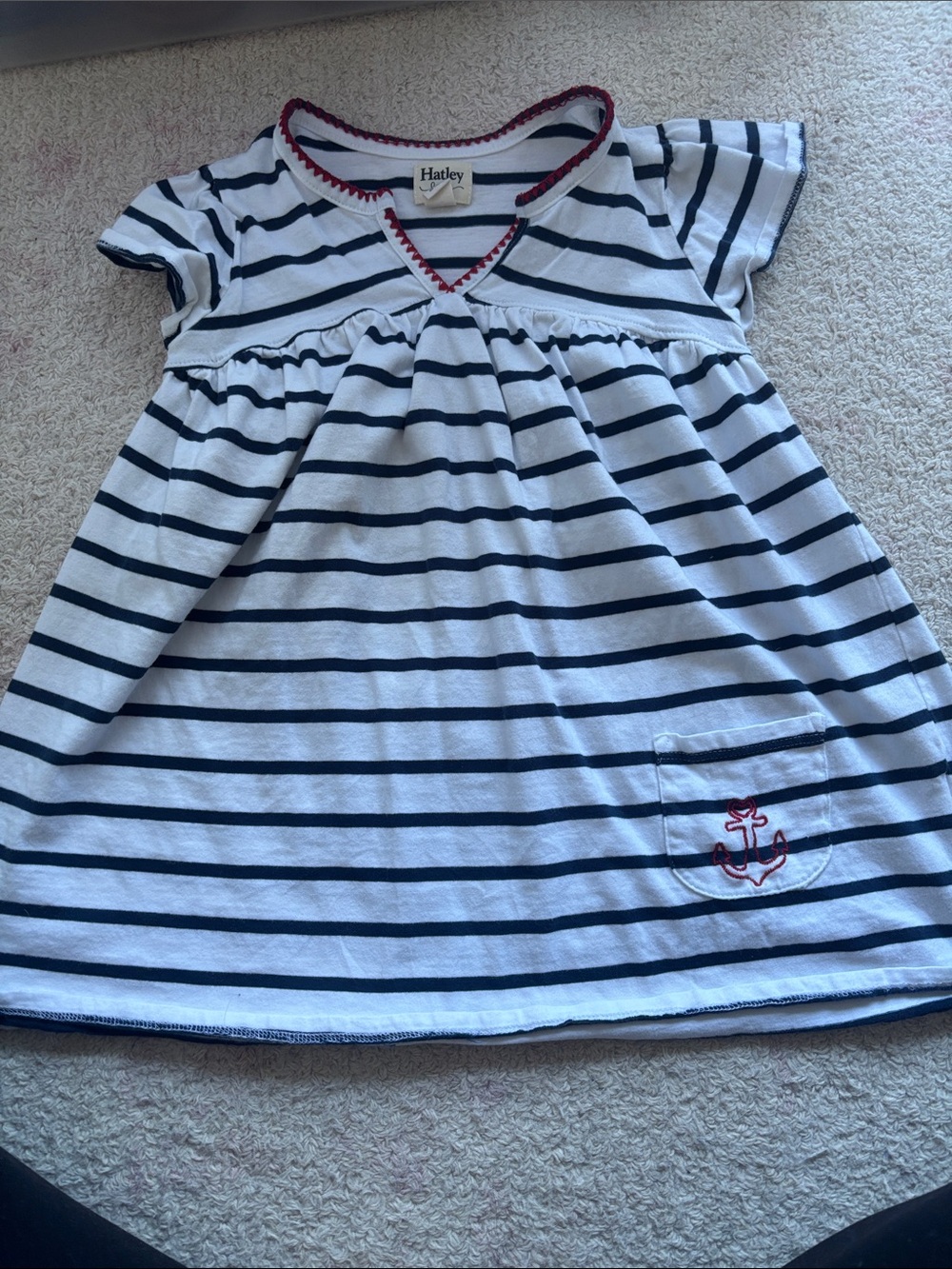 Hatley Navy & White Striped Dress with Red Trim and Anchor Pocket
